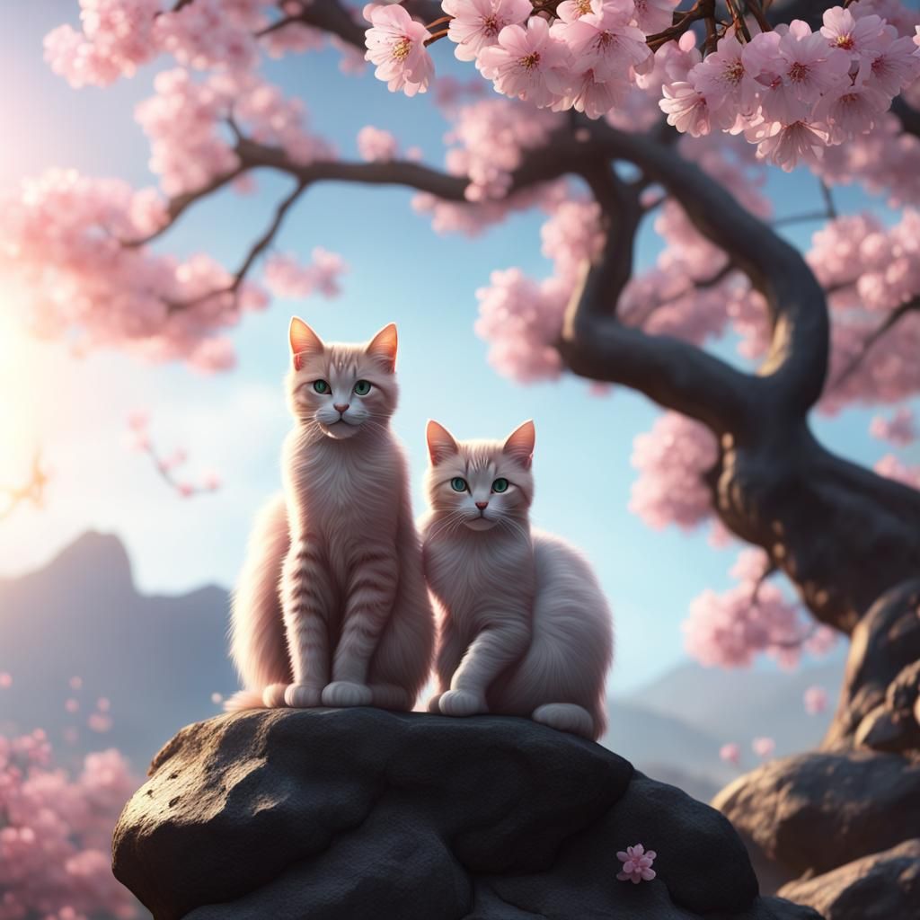 Cats Under Cherry Blossom Sunset: Fantasy Art