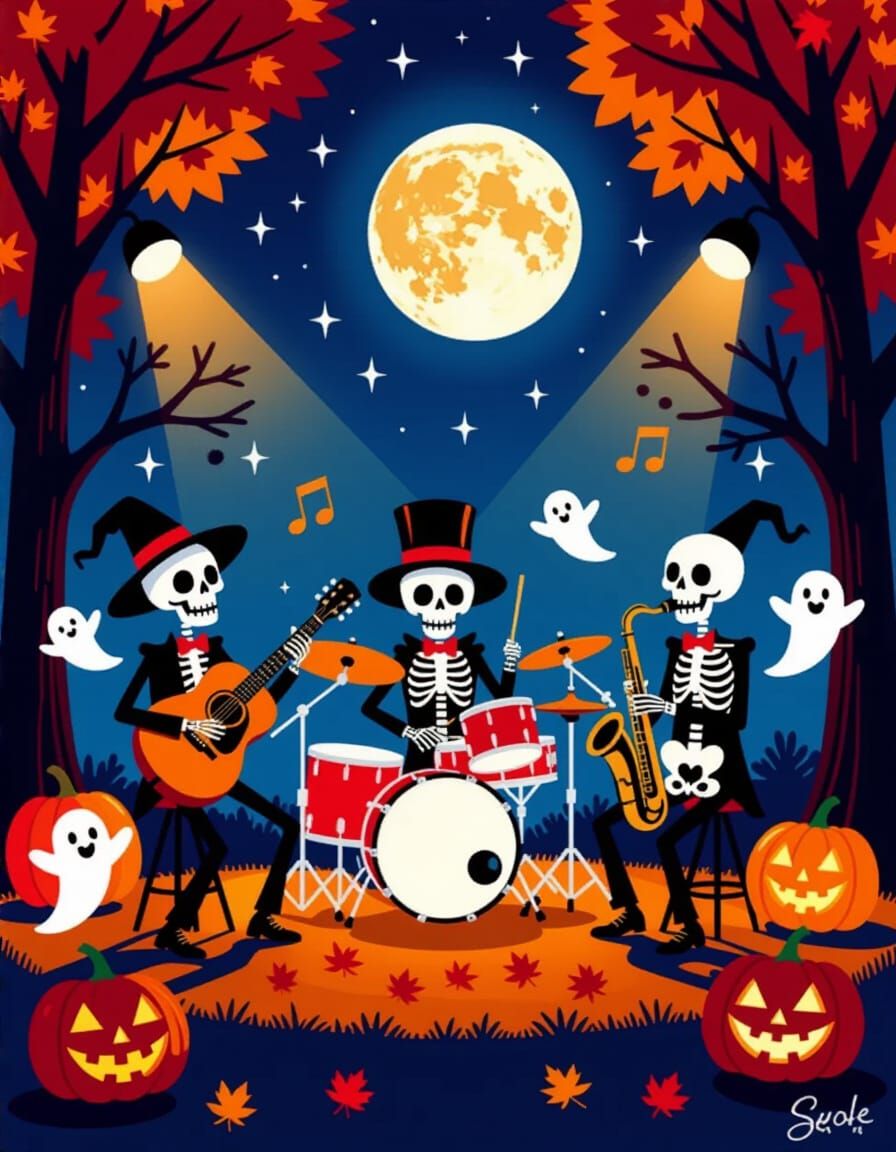 Skeleton Band Plays Cheerful Music in Moonlit Park