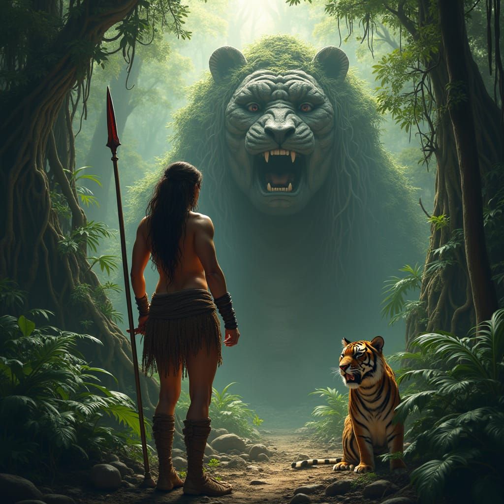 Muscular Jungle Warrior Woman Fights Tiger by Ancient Temple