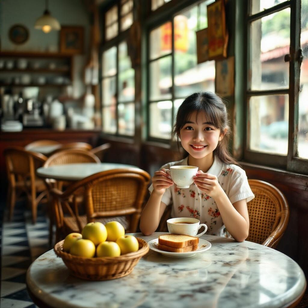 Nostalgic 1960s Singapore Coffee Shop with Girl and Apples