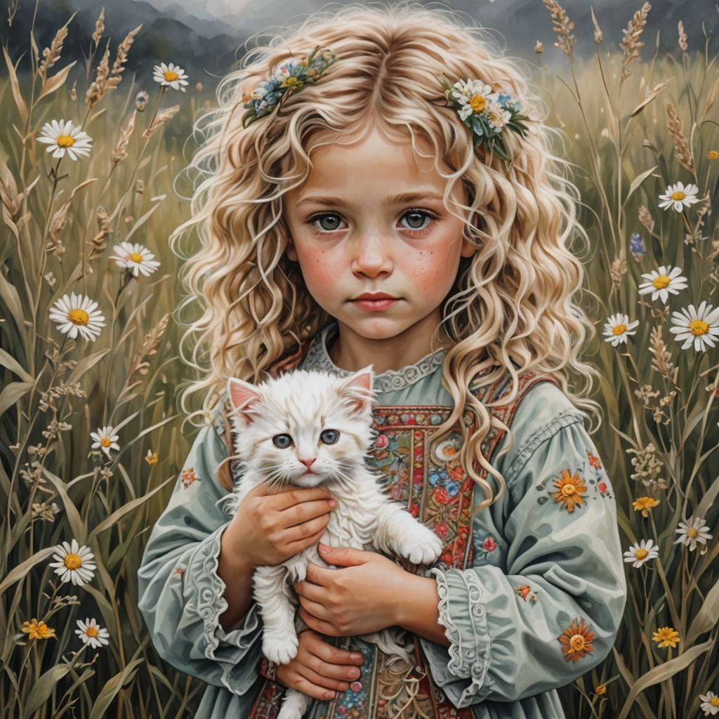 Girl with Kitten in Arthro Boho Oil Painting
