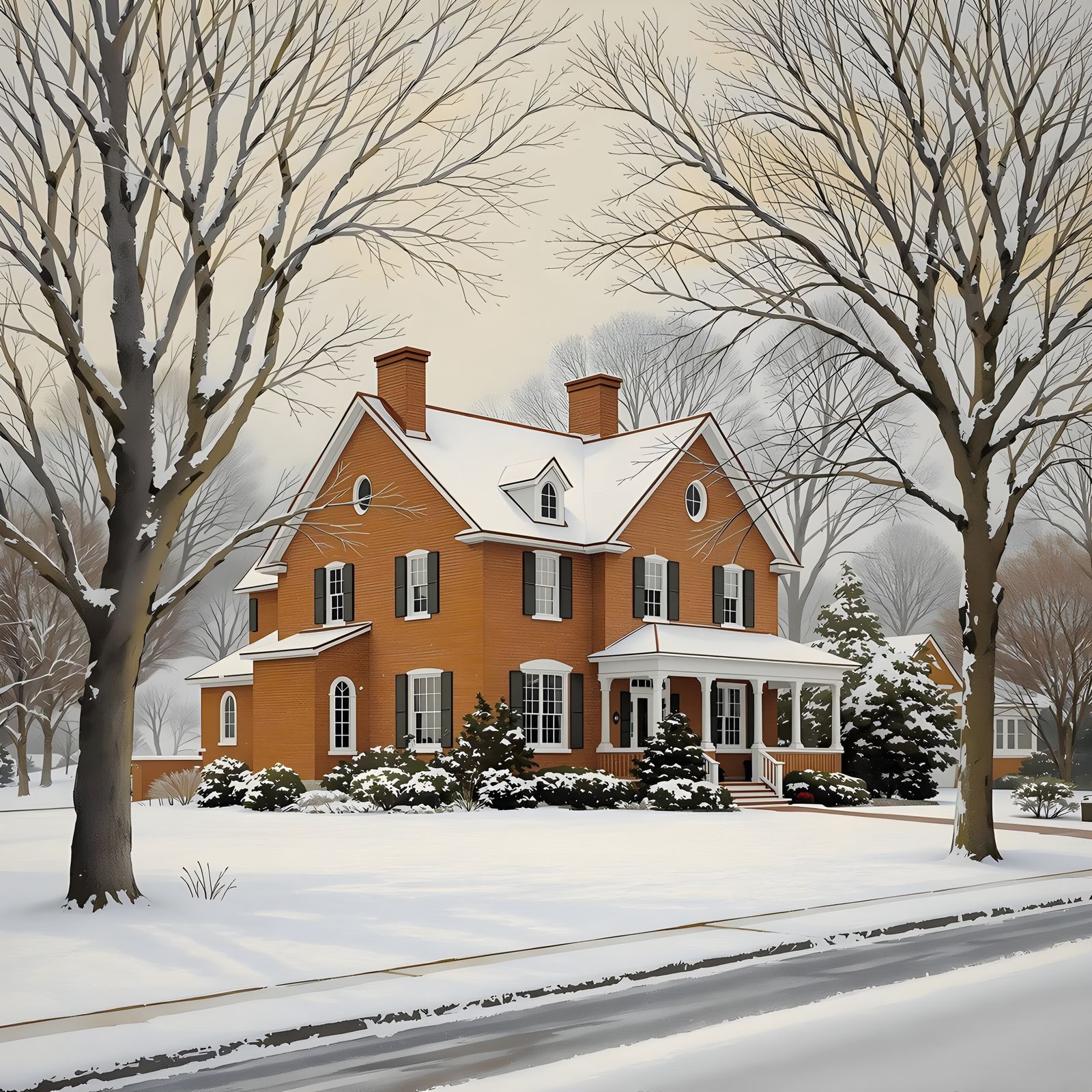 Classic Winter Suburban Scene in Muted Earth Tones