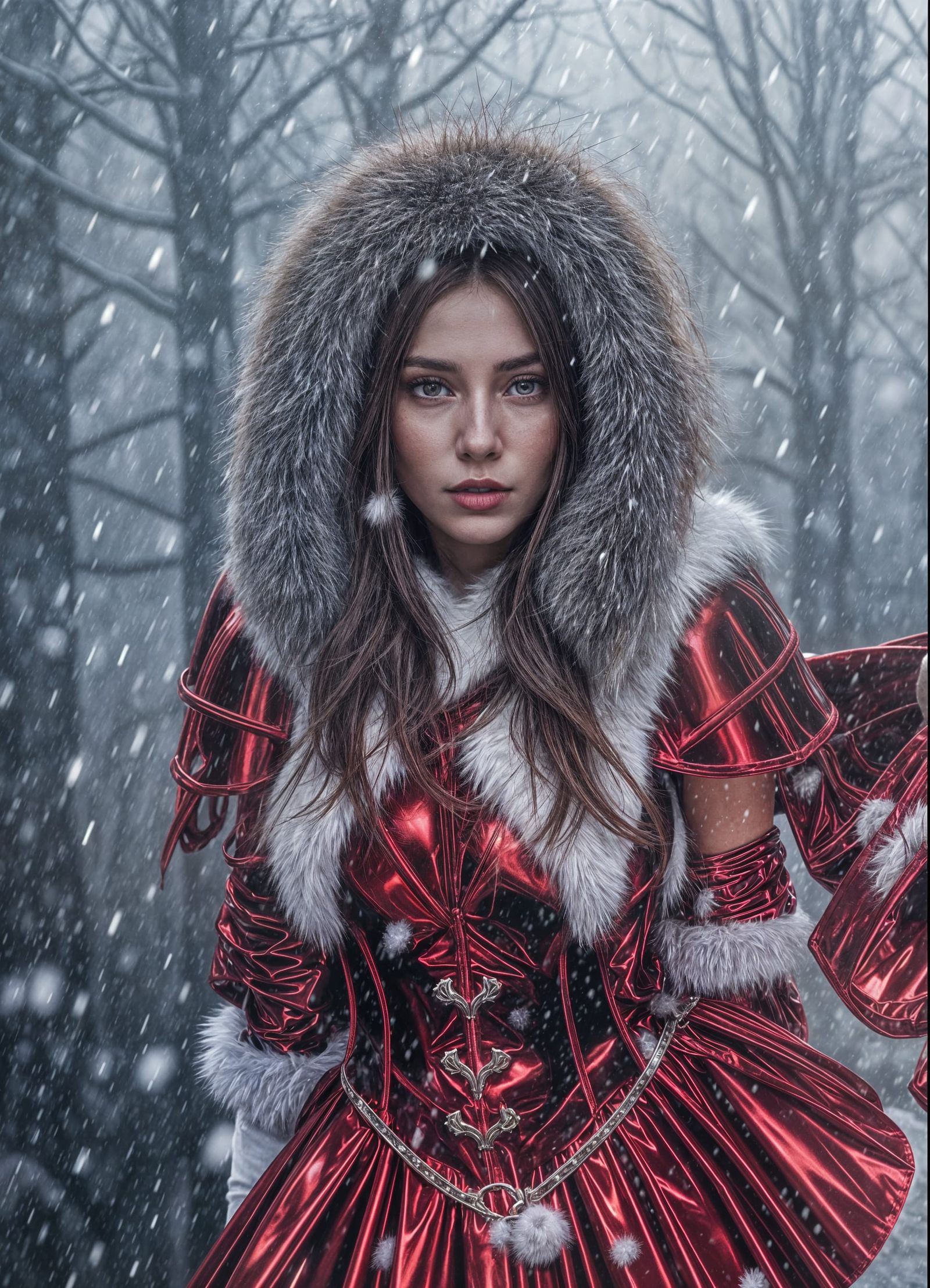 Dangerous Woman in Red Xmas Armor in Snowy Forest