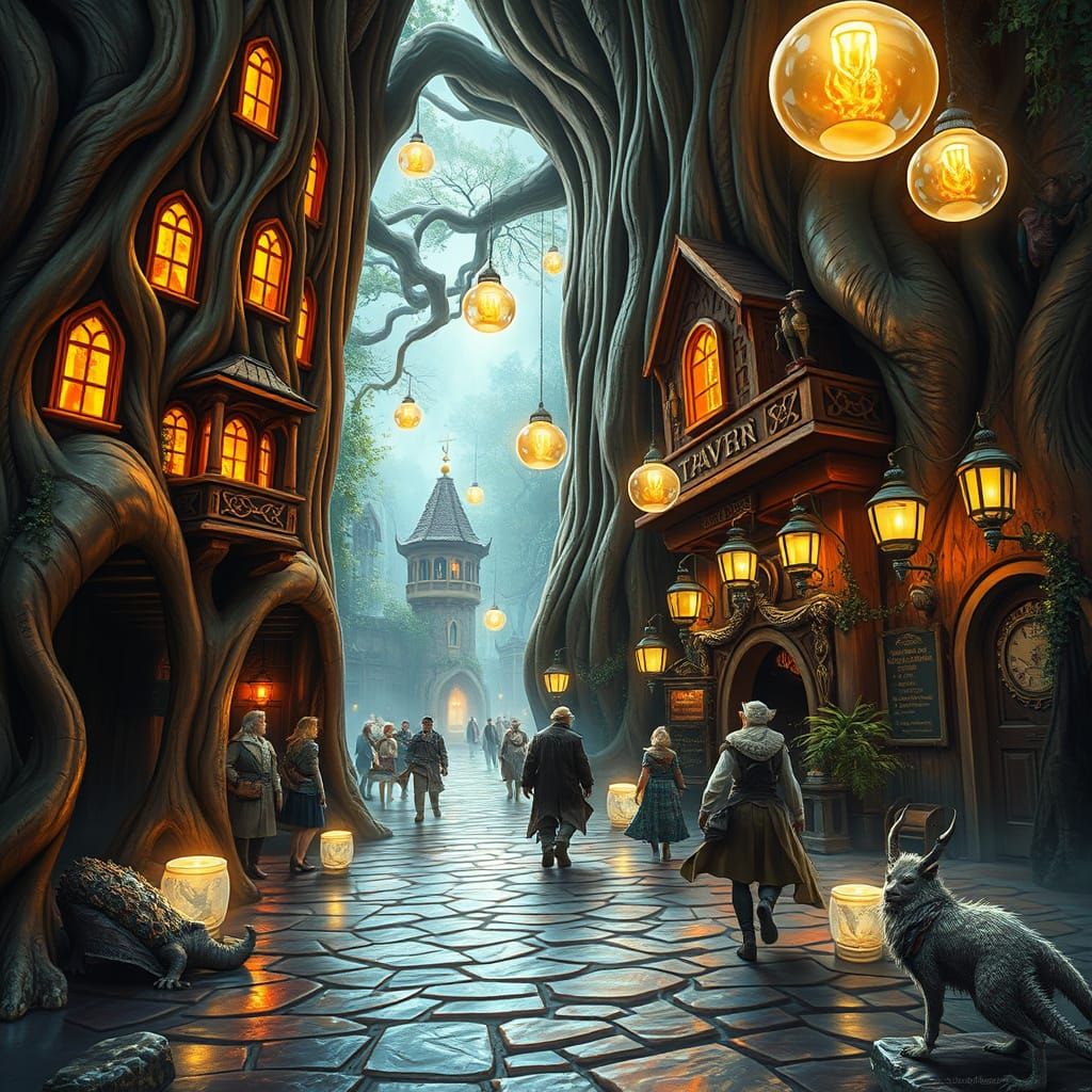 Ancient Tree Tavern in Shimmering Alleyway with Mythical Cre...
