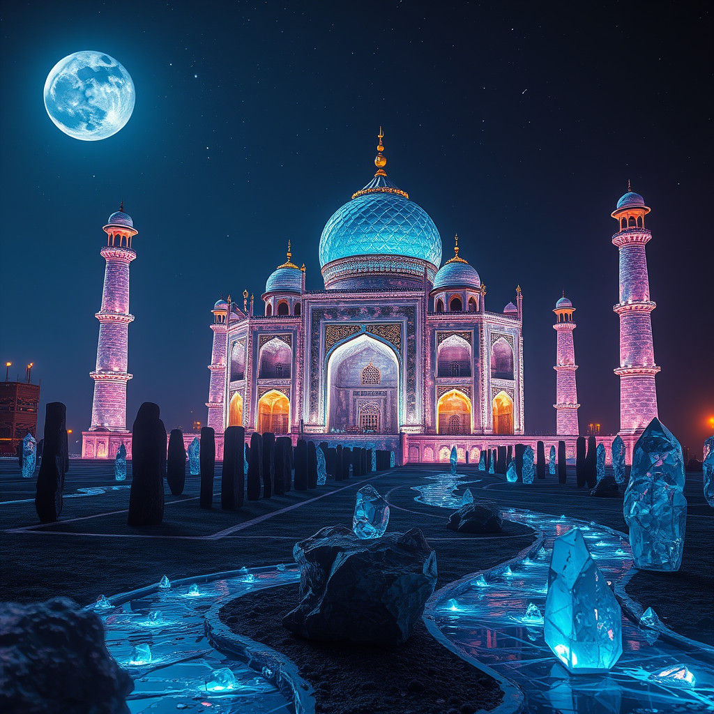 Crystalline Taj Mahal Under Starry Sky, Syd Mead Style