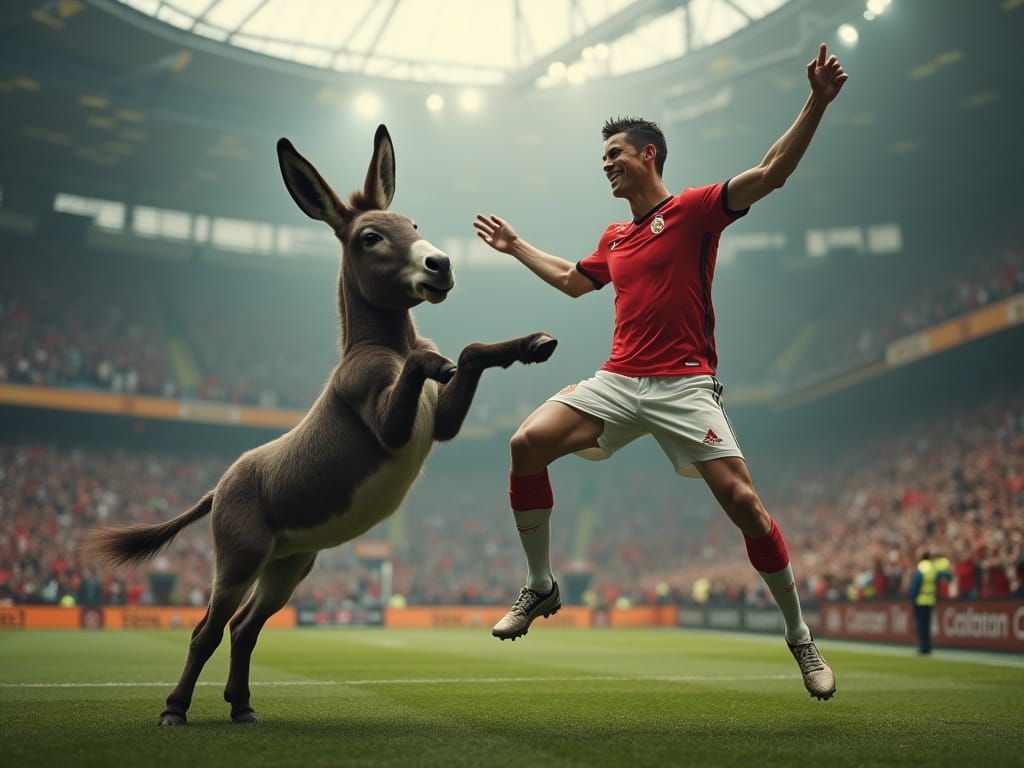 Cristiano Ronaldo and Donkey Celebrate in Football Stadium