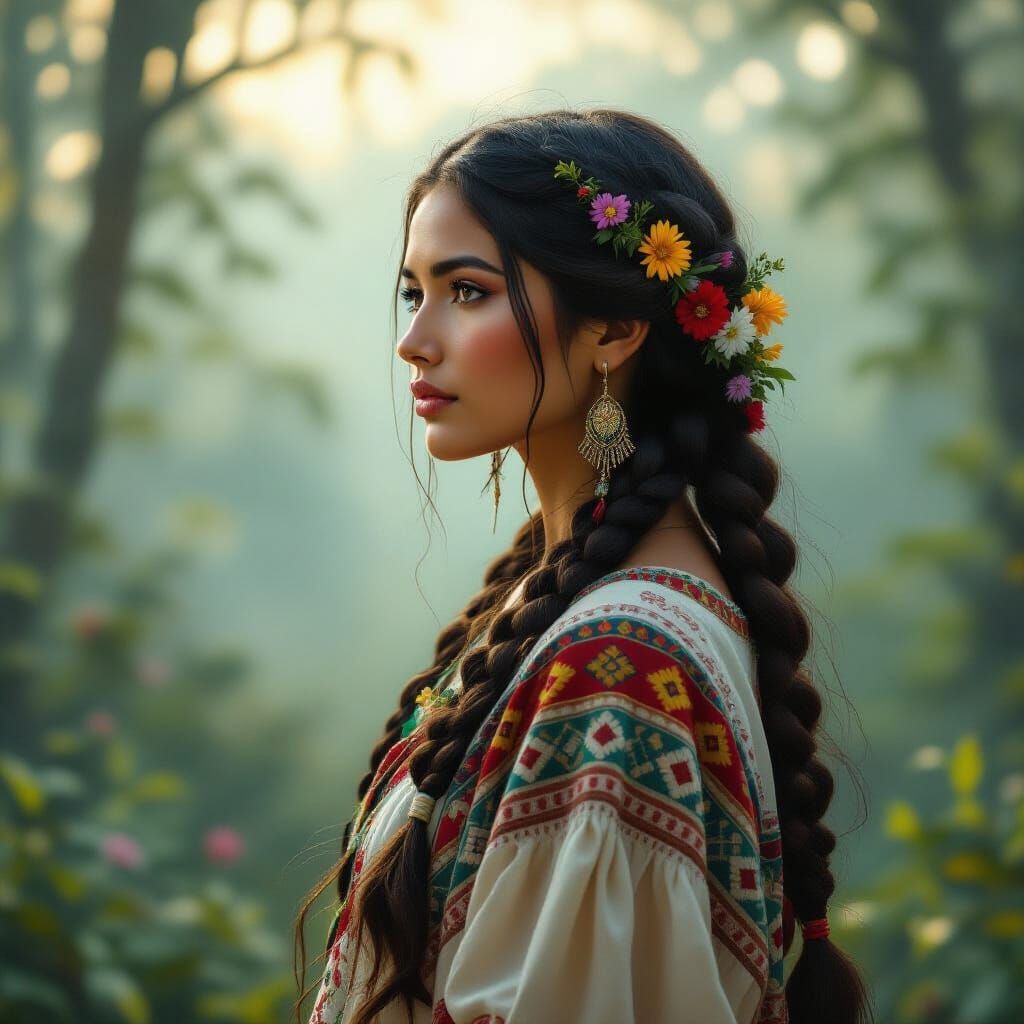 Indigenous Woman in Misty Forest Digital Painting