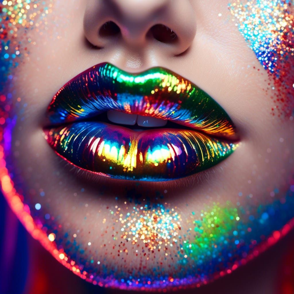 Glossy Iridescent Neon Lips Against White Background