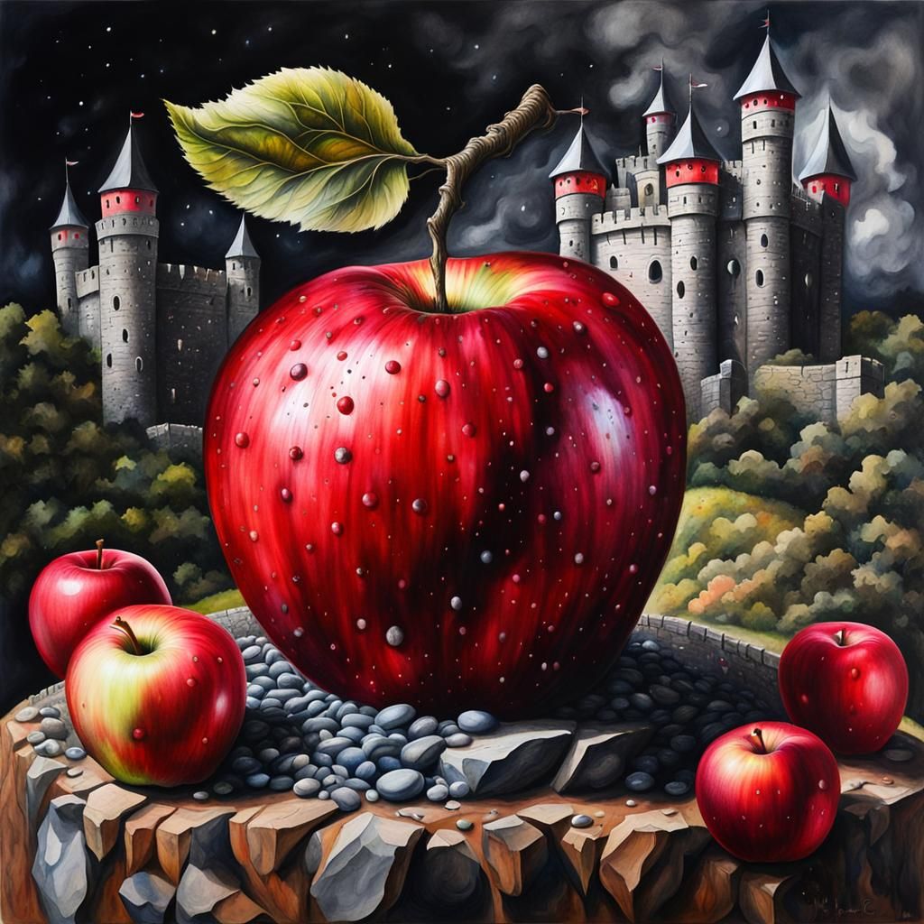 Giant Apple by Medieval Castle in Surreal Diorama