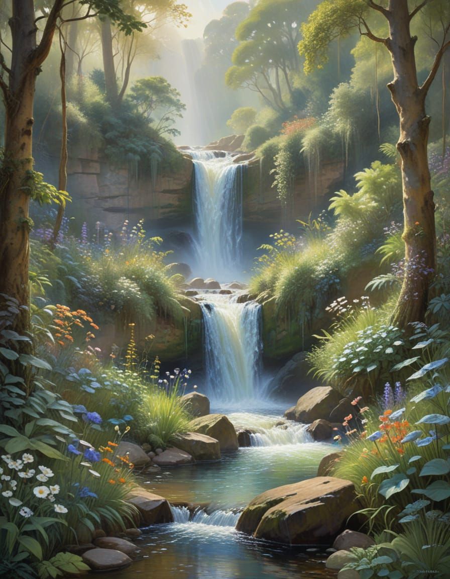 Watercolor Forest Waterfall in Soft Light