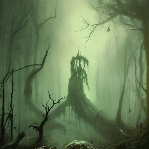 Eldritch Horror: Rusty Skulls in Hyperrealistic Forest