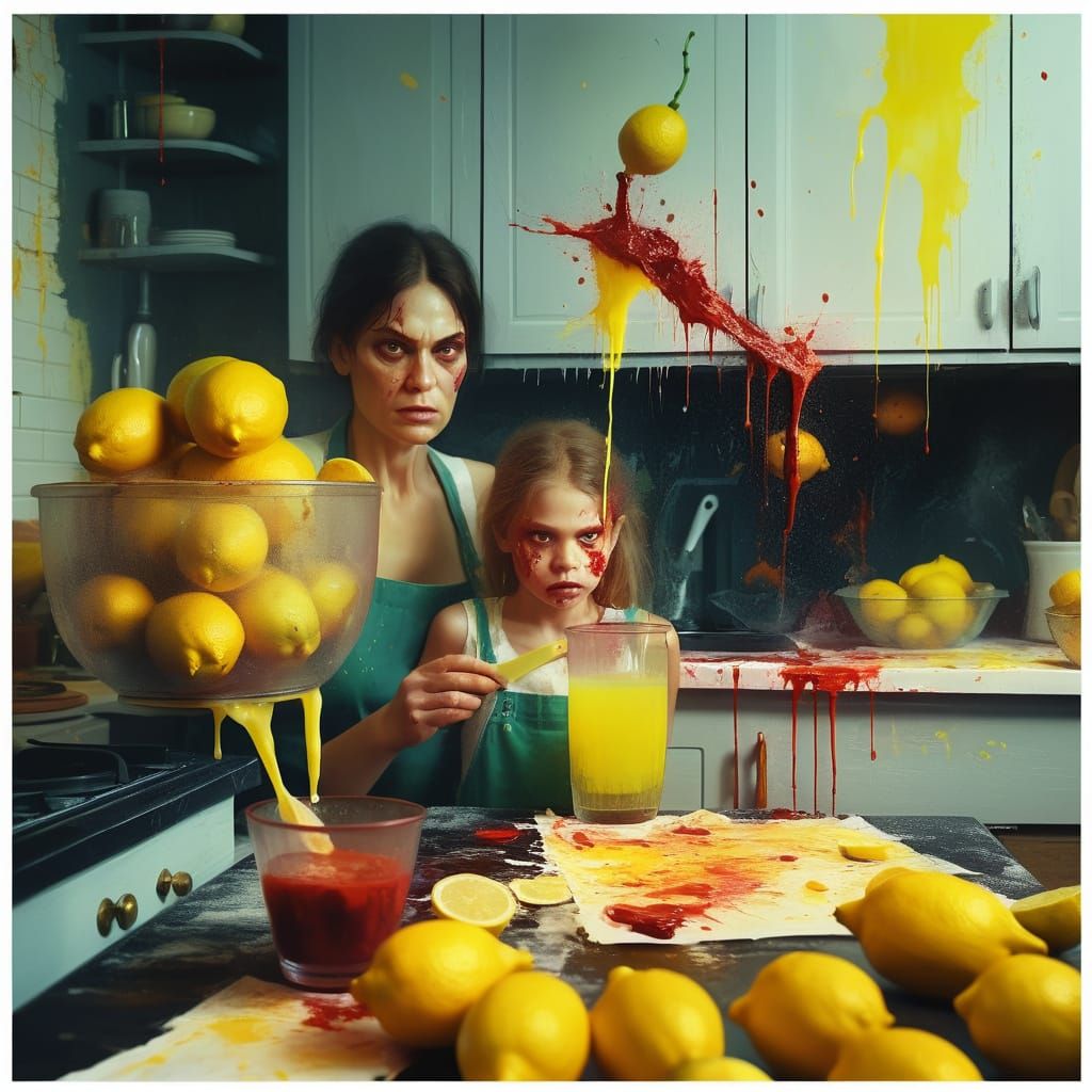 Mother and Daughter's Lemonade: A Dark Fantasy Oil Painting