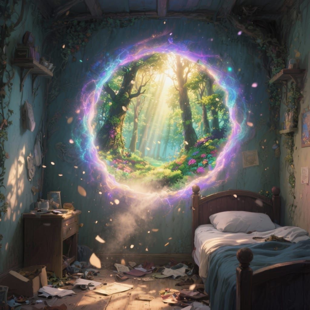 Mystical Portal to Enchanted Forest in Messy Bedroom