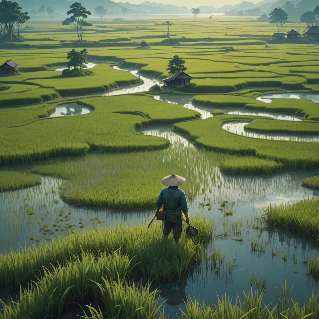 Asian Farmer in Rice Fields: Digital Matte Painting