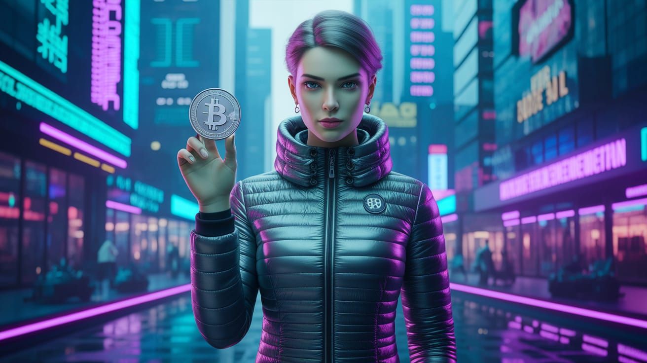 Fashion Model with Bitcoin in Cyberpunk Cityscape