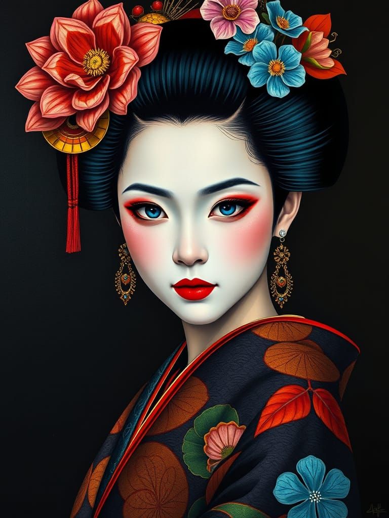 Geisha Portrait in Geometric Cubist Style