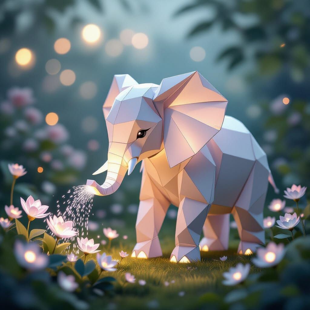 Origami Elephant Watering Crystal Flowers in Magical Garden