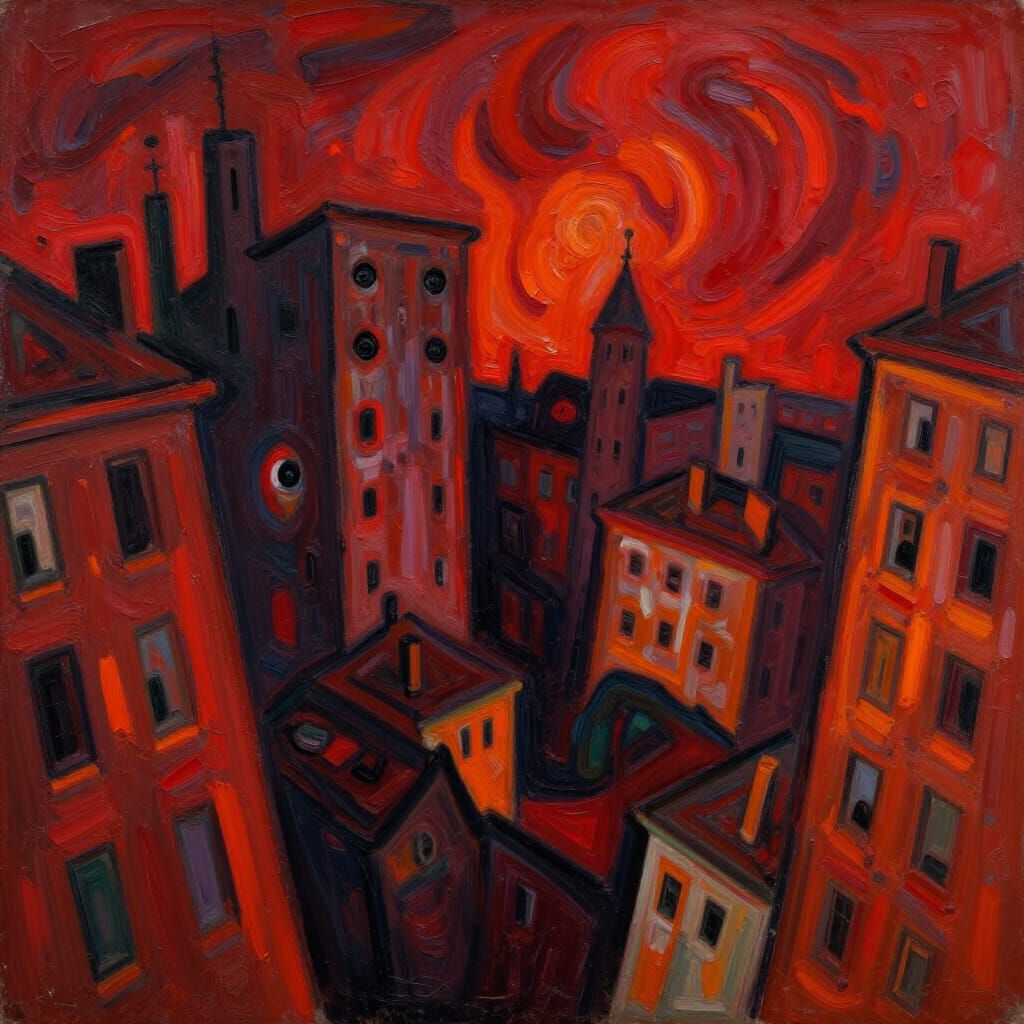 Distorted Cityscape in Crimson Expressionist Style