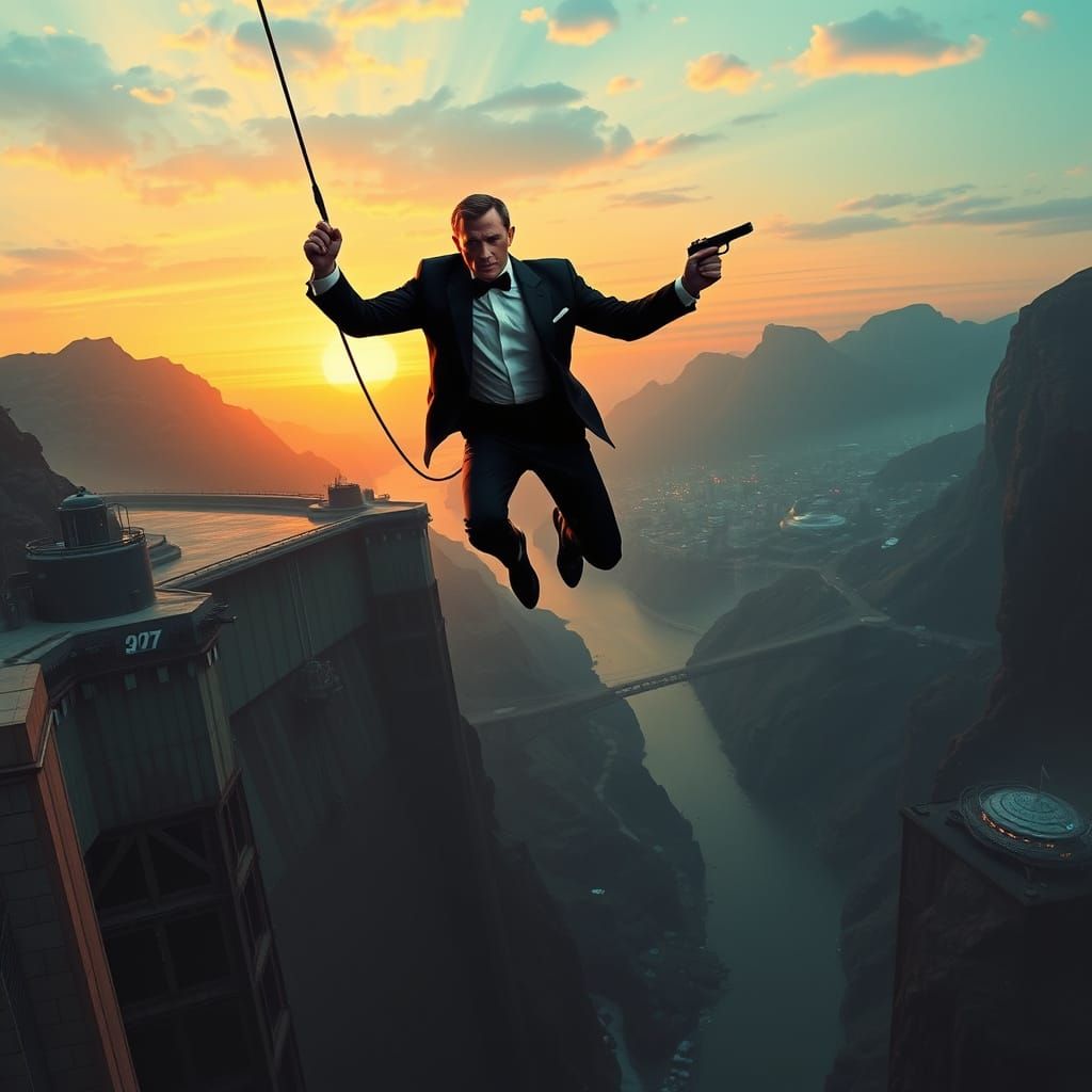 James Bond Leaps from Dam in Neon-Lit Cyberpunk Action