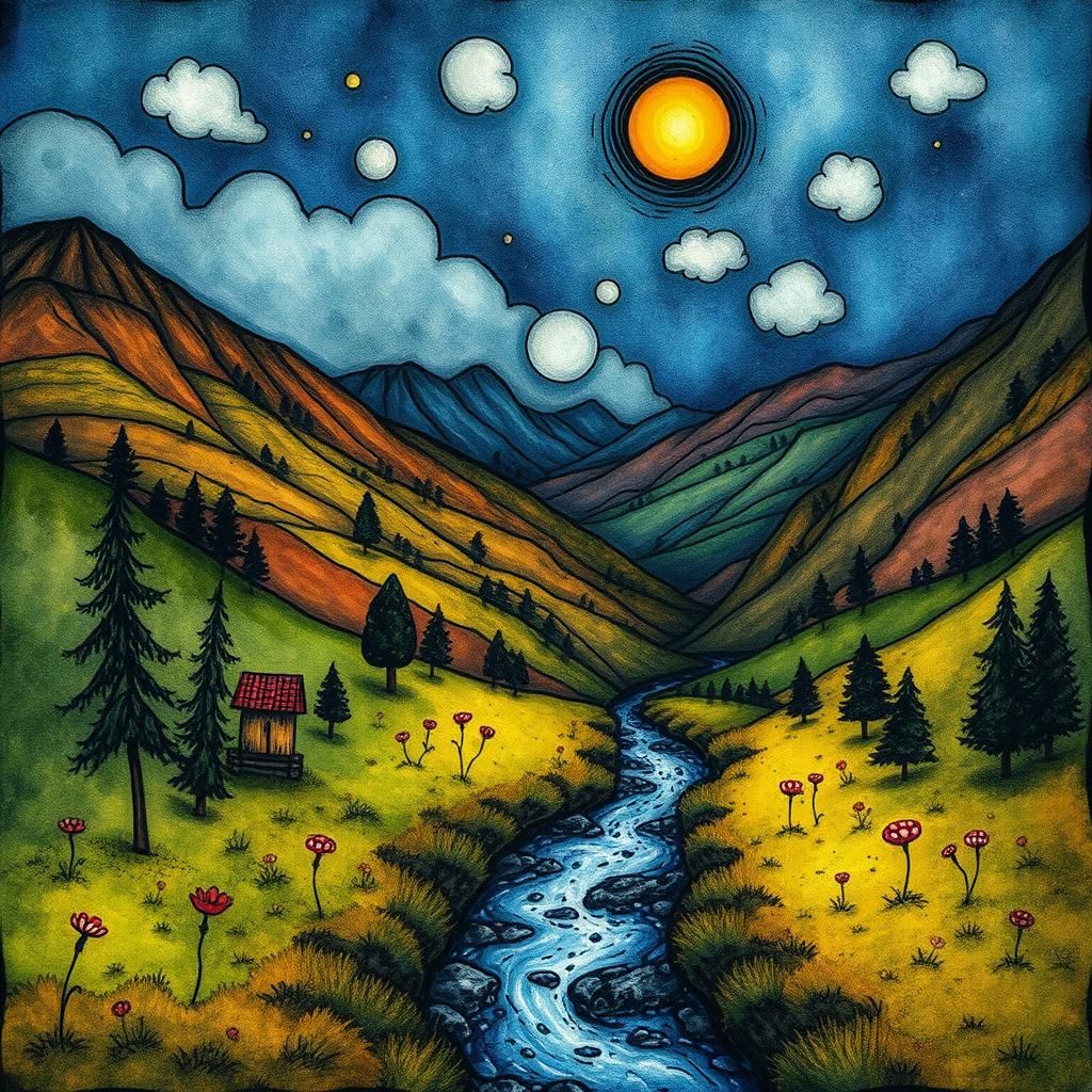 Surreal Valley Beside River in Art Nouveau Style