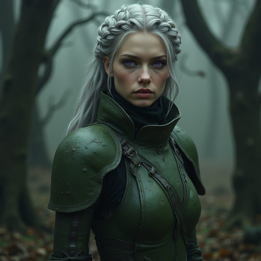 Mystical Warrior in Dark Forest Realism