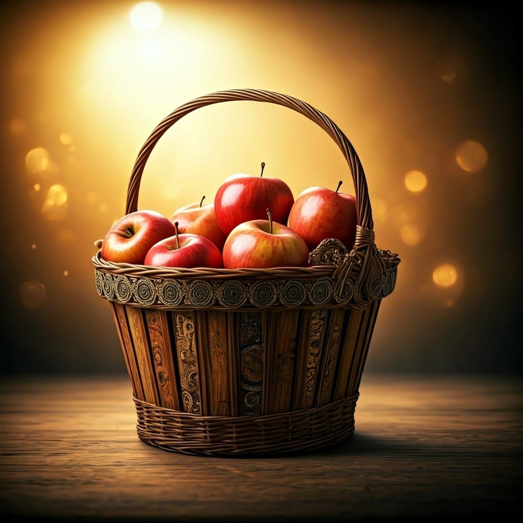 Steampunk Wooden Basket with Oversized Autumn Apples in Gold...