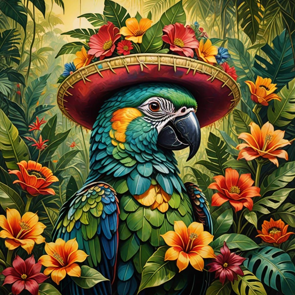 Parrot in Floral Sombrero: Surreal Oil Painting