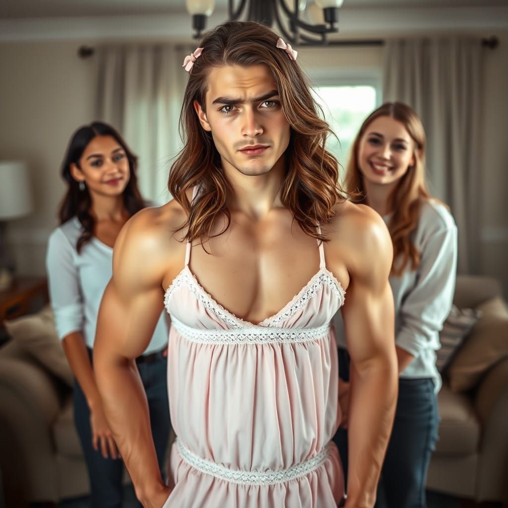 A Worried Young Man Crossdressing in a Pastel Pink Babydoll....