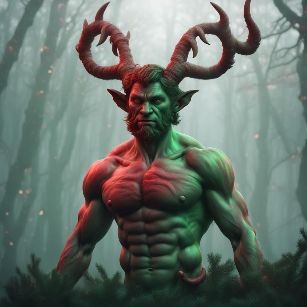 Christmas Satyr in the Mist: Hyperrealistic Matte Painting