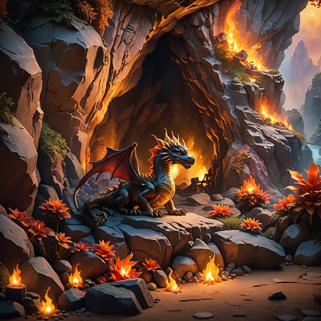 Ethereal Cave Entrance with Toy Dragon in Flames