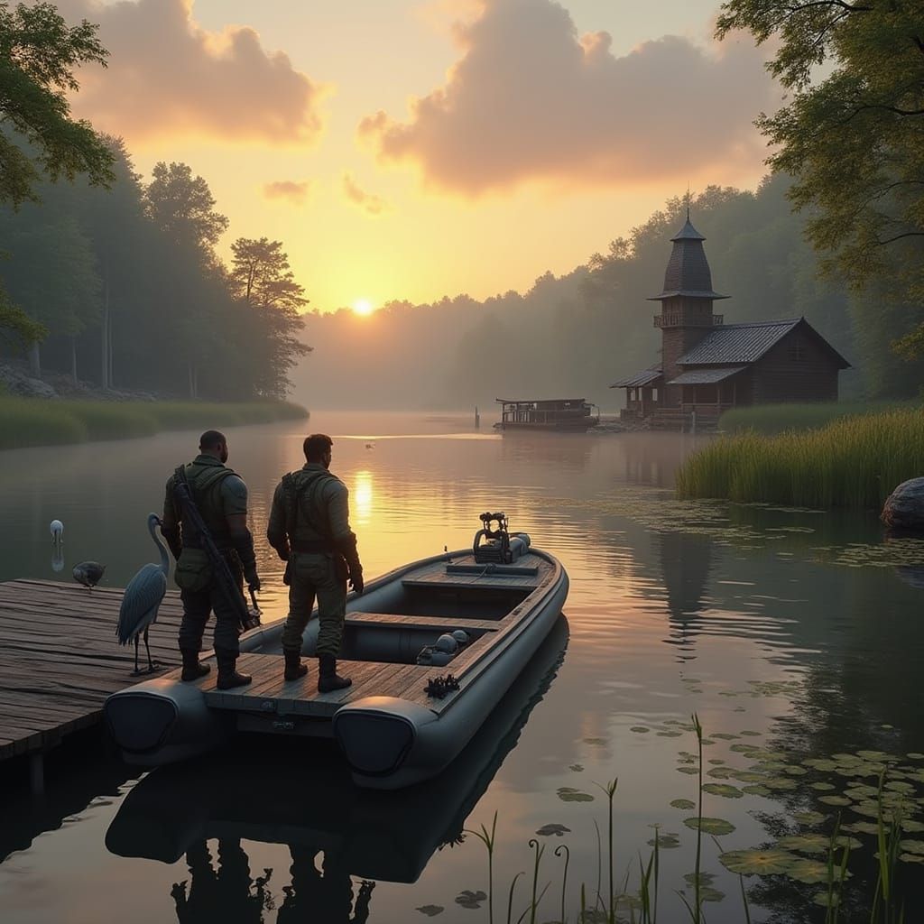 Serene River Scene with Fortified Settlement, Photorealistic