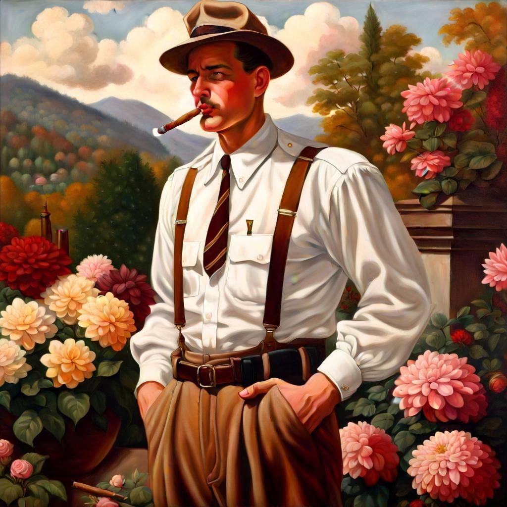 1940s Detective in Rose Garden: Hyperrealistic Painting