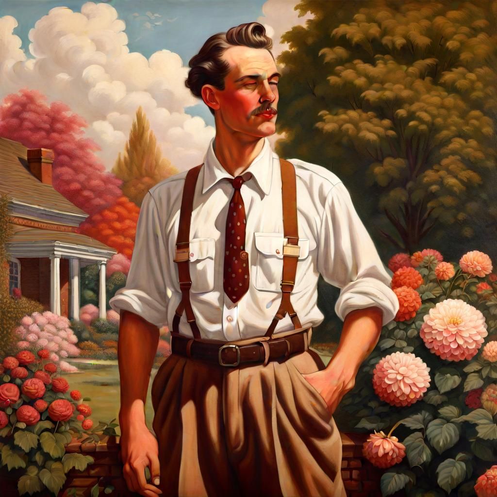 1940s Detective in Rose Garden, Hyperrealistic Painting
