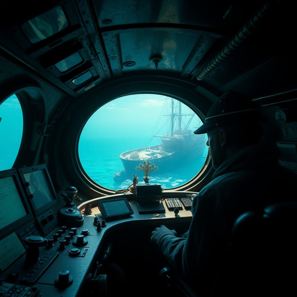 Submarine View of Sunken Ship in Hyperrealism
