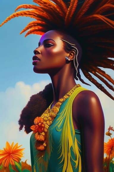 Acrylic Painting, happy, black woman, full body, nappy hair, afro, twists, braids, locks, dancing through a field of sun...