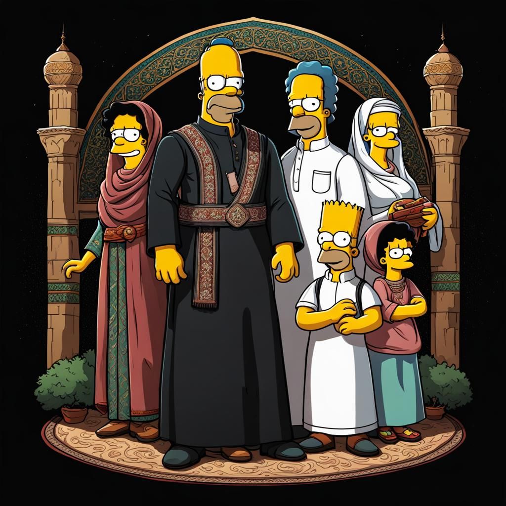 Simpsons-Style Patch Design: Arabic Family in Kurtas
