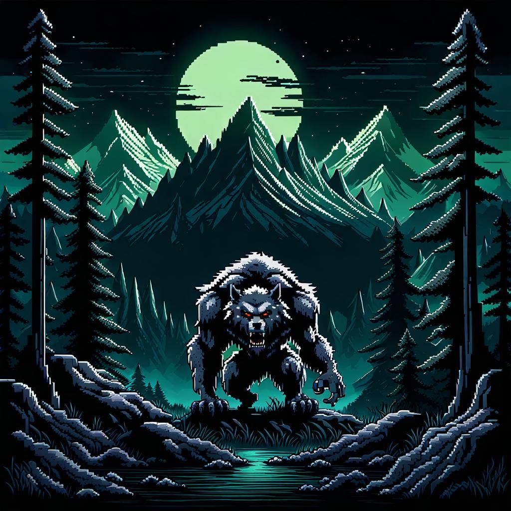 Pixel Art Werewolf in Fantasy Landscape