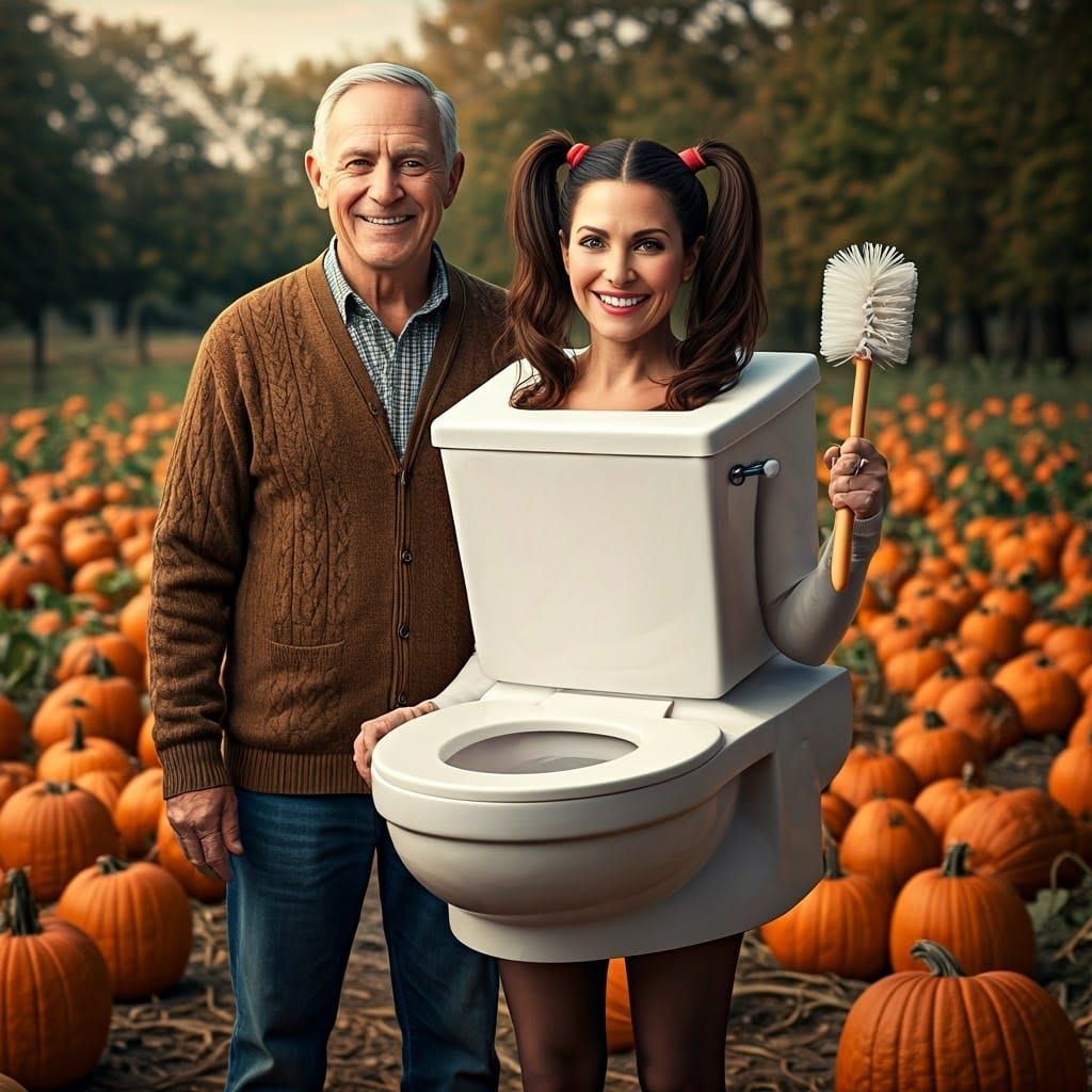Toilet Costume Couple in Pumpkin Patch