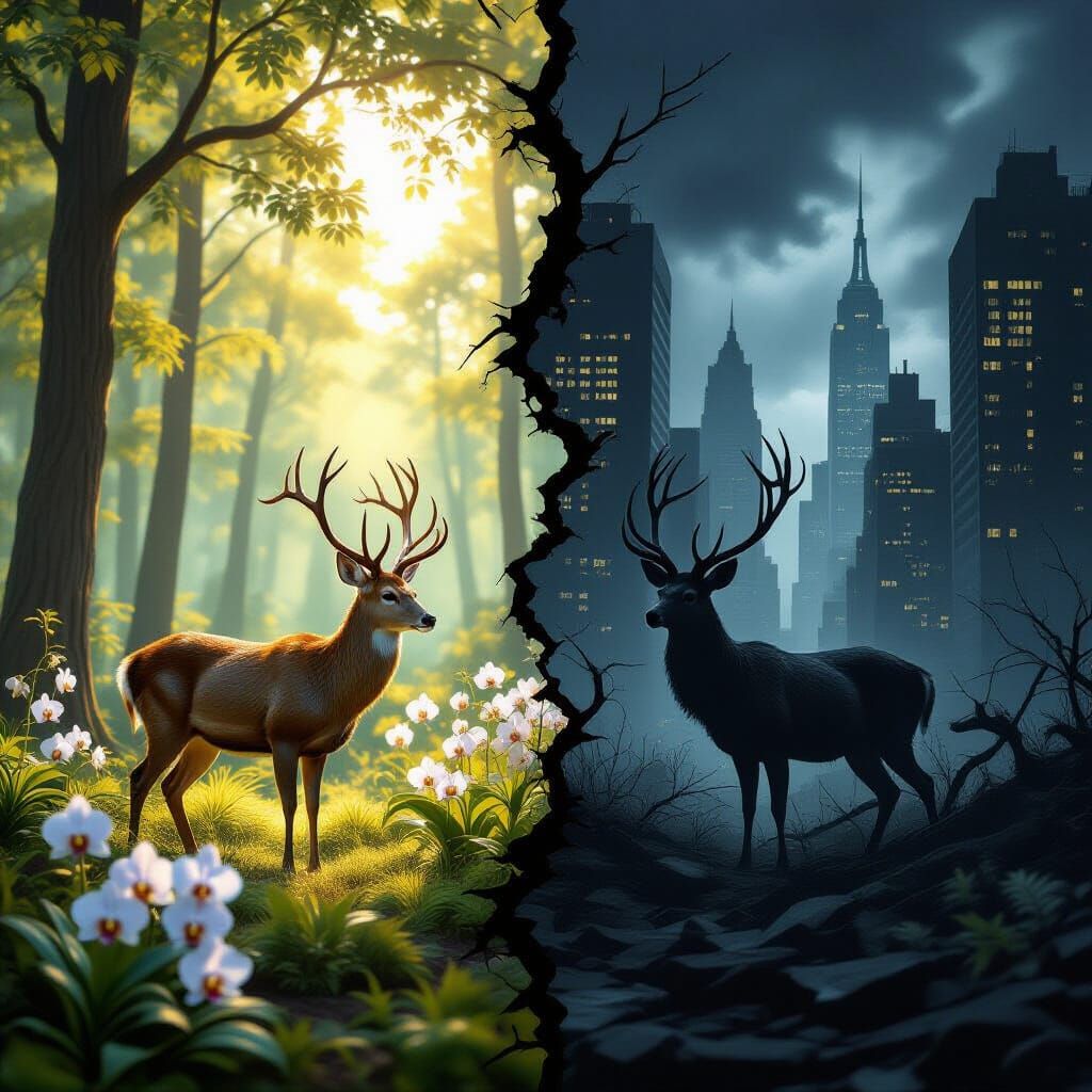 Contrasting Deer: Forest Serenity Meets Urban Chaos