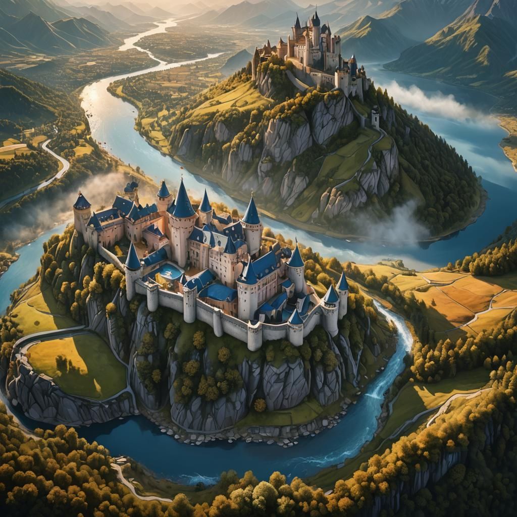 Majestic Castle and River in Mountain Landscape