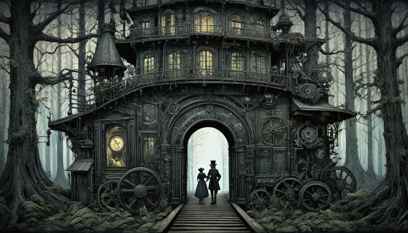Steampunk Structure Engulfs Forest: Mixed Media Art