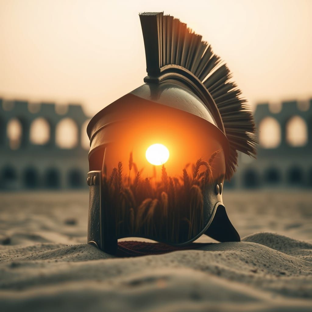 Gladiator Helmet Silhouetted Against Sunset Wheatfields