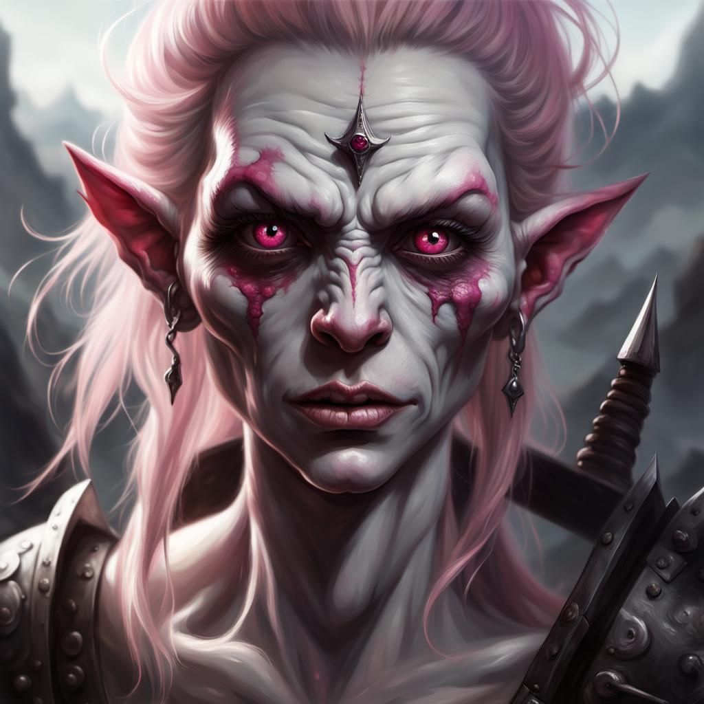 Sinister Pink-Eyed Female Half-Orc in Fantasy Art Style