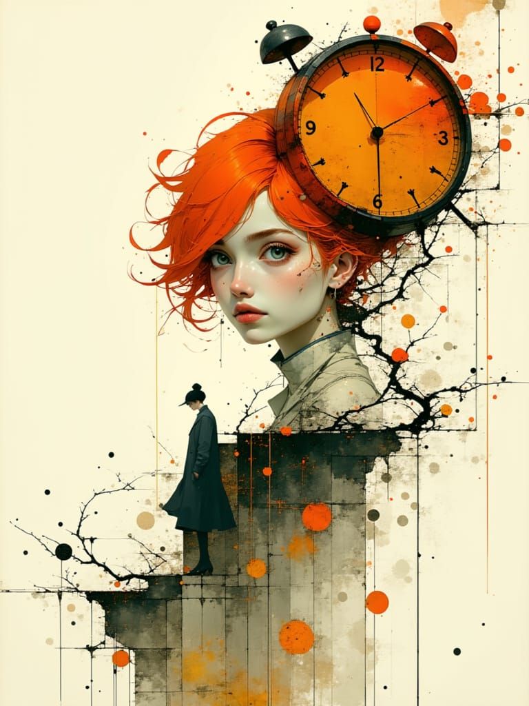 Woman with Red Hair and Retro Clock, in Digital Painting Sty...