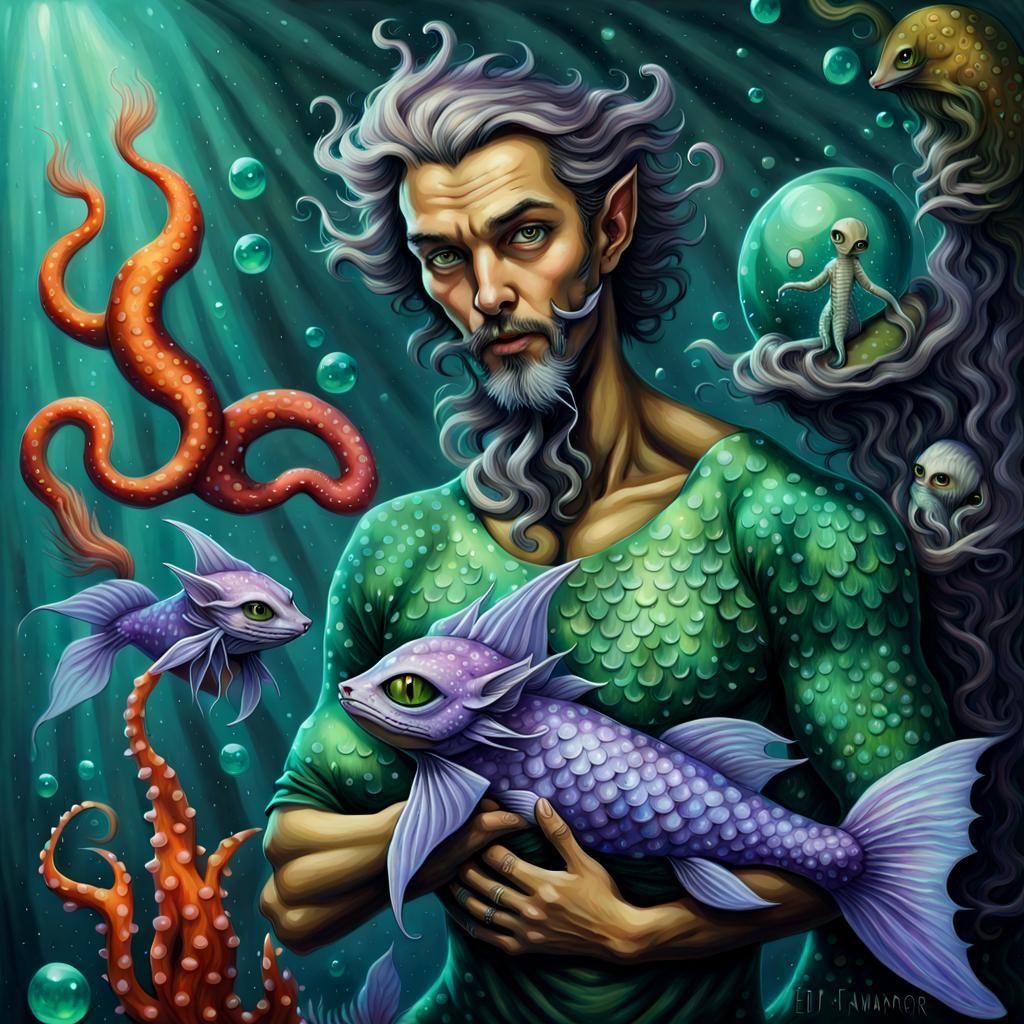 Alien Merman and Seacat Portrait in Tetradic Colors