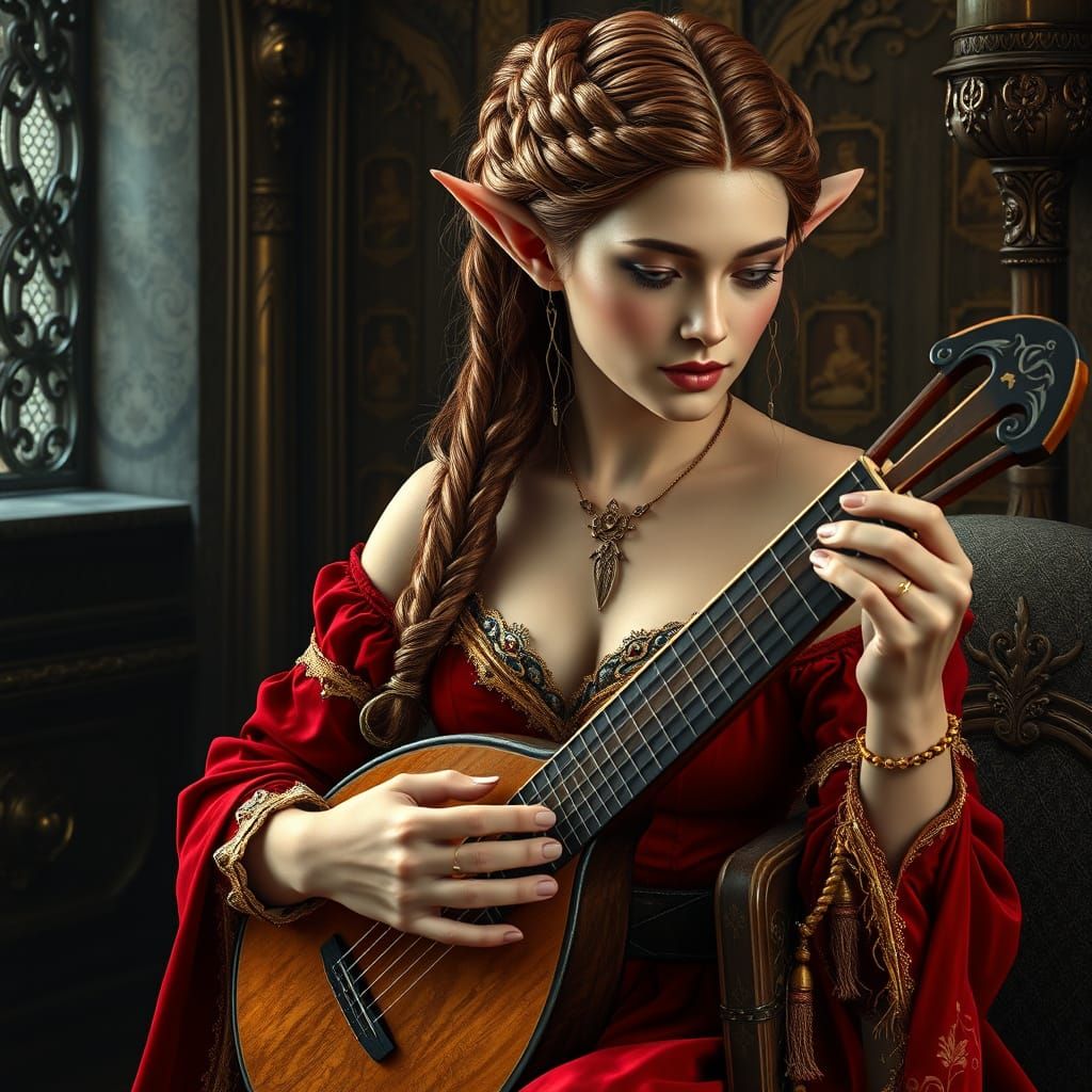 Elf Woman in Red Velvet Dress, Art Nouveau Style