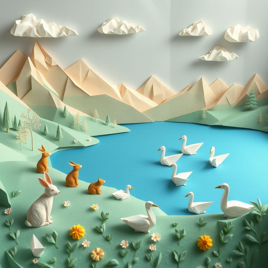 Origami Landscape With Paper Animals and Swans