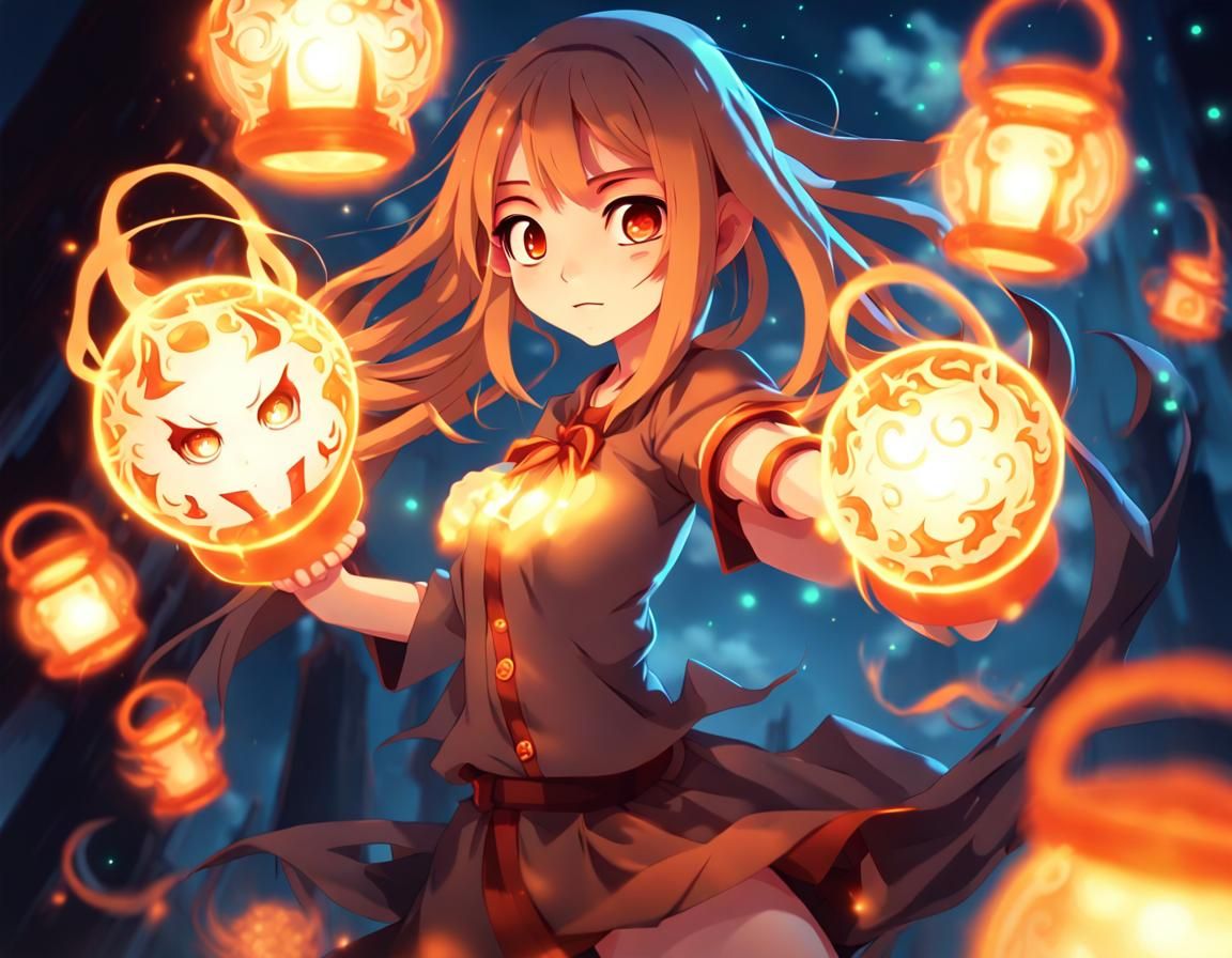 Mystical Anime Girl Battles Demons with Ethereal Lantern Pow...