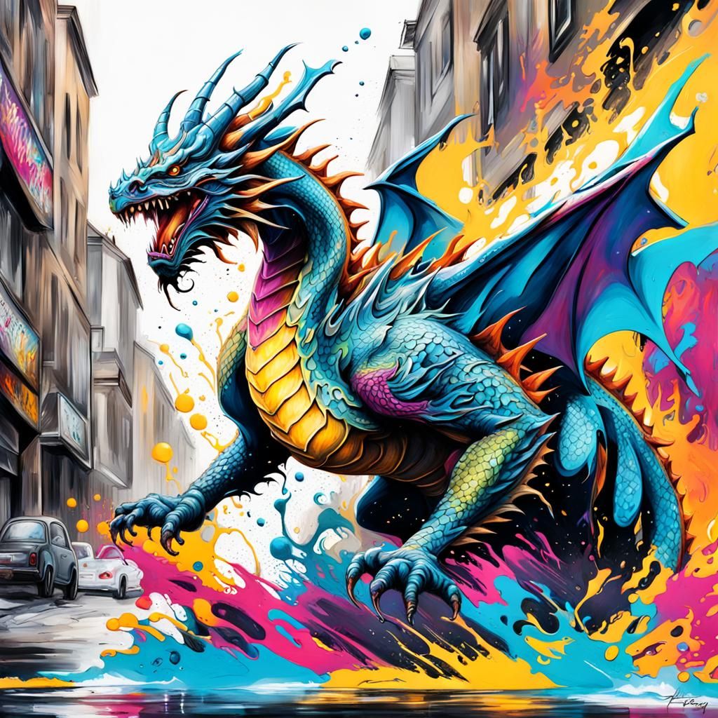 Dragon in Flight: Graffiti Splash Art