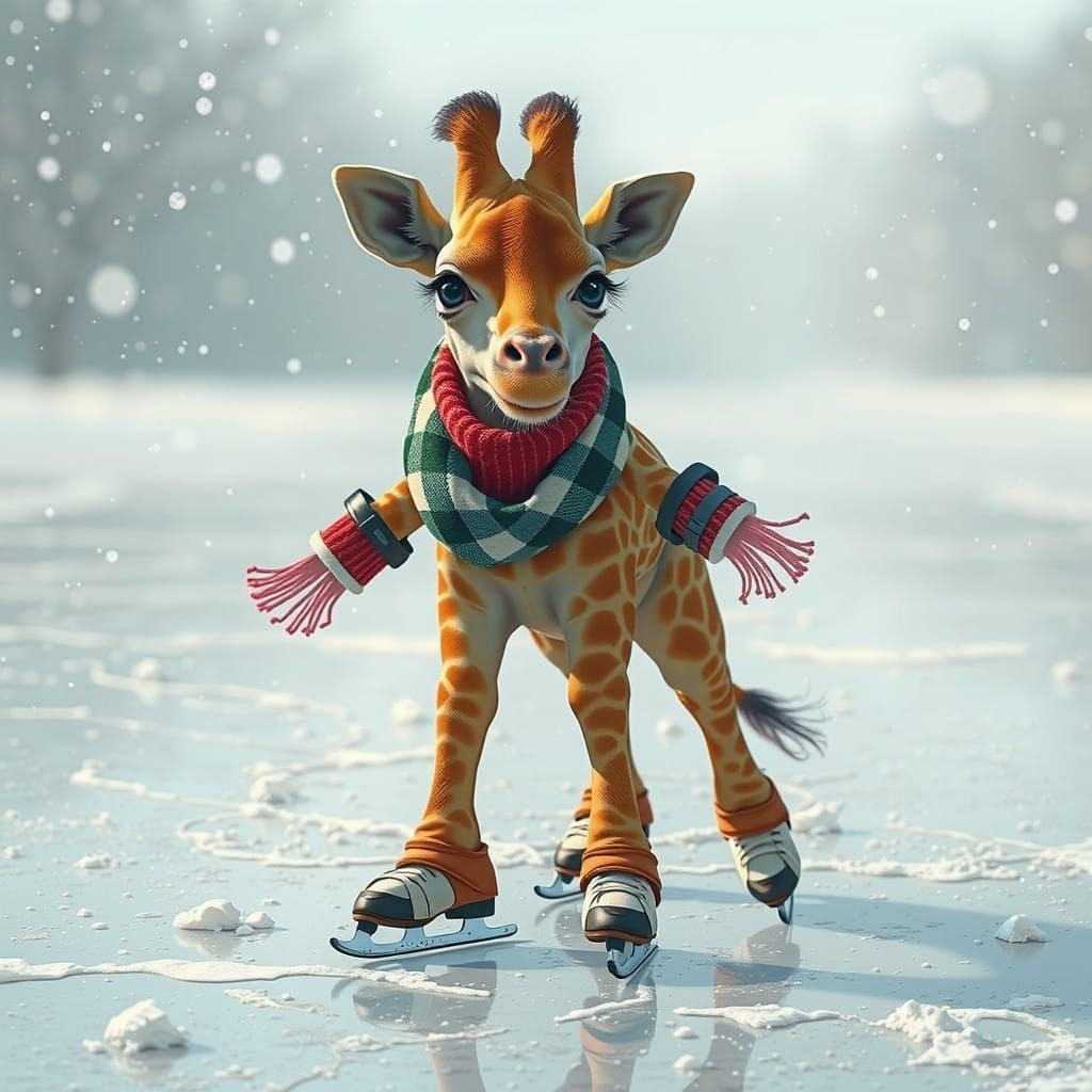 Hyperrealistic Giraffe in Red Striped Scarf and Ice Skates